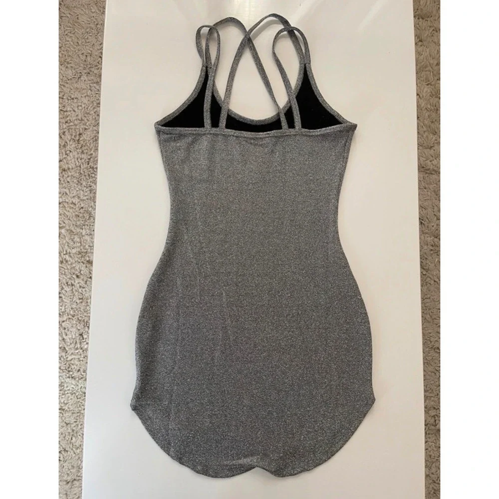 Set of 2 Metallic Shimmer Bodycon Mini Dresses Strappy Back Silver Black Womens